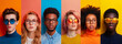 A vibrant collage of diverse young people, each wearing different styles and colors of glasses
