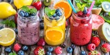 Fototapeta Przestrzenne - Colorful fresh fruit smoothies in jars on wooden background