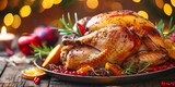 Fototapeta Przestrzenne - Festive roasted turkey on a table with holiday lights