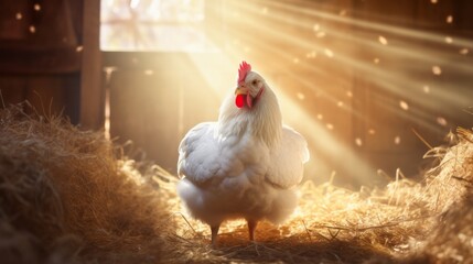 Wall Mural - Healthy hen chicken near freshly laid eggs in hay in a rustic barn under warm sunlight with copy space
