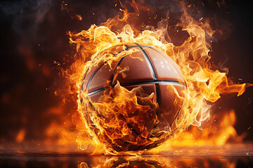 Wall Mural - burning basketball ball on fire is flying on black background. Sport element