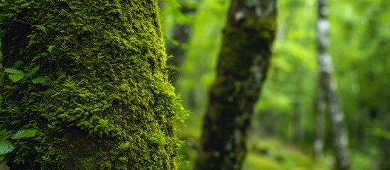 Wall Mural - Moss-covered trunks in a green forest.