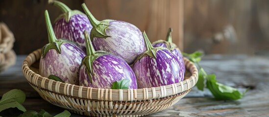 Poster - A basket filled with vibrant purple eggplants sits atop a wooden table. The smooth skin of the eggplants glistens under the light, showcasing their freshness.