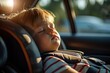 Child sleeping in car seat inside the car. Kid is left alone in car on a hot summer day. Negligence, irresponsibility, overheating concept, Generative AI