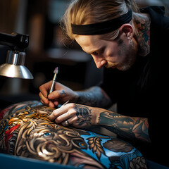 Wall Mural - A close-up of a tattoo artist at work on a client. 