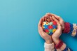 World autism awareness day concept. Adult and child hands holding puzzle heart on light blue background, Generative AI