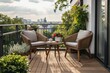 Beautiful balcony or terrace with chairs, natural material decorations and green potted flowers plants. Sunny stylish balcony home terrace with city, Generative AI