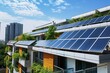 Modern eco friendly passive house with solar panels on rooftop. Home solar panel. Solar panels on roof of modern apartment building in city, Generative AI