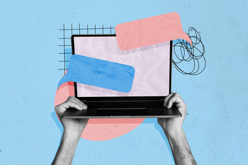 Fototapete - Creative trend collage of hands hold netbook comics speech bubble communication social media billboard comics zine minimal