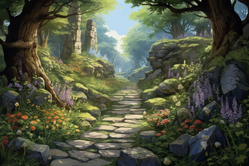 painting illustration forest spring waterfall nature green fantasy 2d render loop