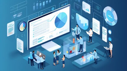 Poster - Illustration of Business environment in isometric view. Online trading digital technology. Financial application. Laptop with graphics.