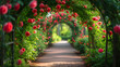 The entrance to the garden is covered in roses, generative ai