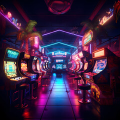 Canvas Print - A retro arcade with classic video games and neon lights