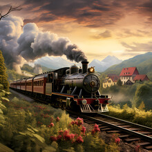 A Vintage Train Traveling Through A Picturesque Countryside.