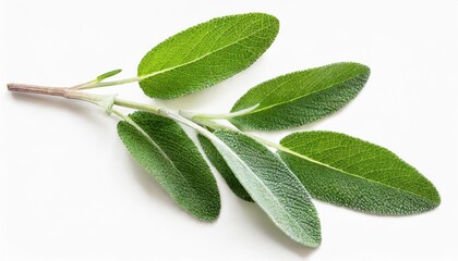 Wall Mural - fresh twig of sage with several leaves herb medical plant tea or essential oil themed design element isolated over a transparent background top view flat lay with a subtle shadow