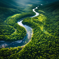 Sticker - Aerial view of a winding river through a forest.