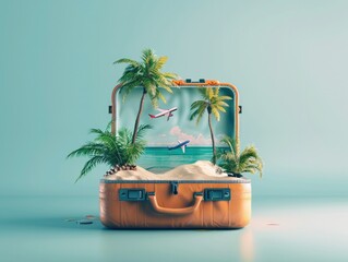 travel suitcase with summer exotic destination inside