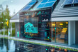 Smart Home Energy Management System Displayed on Transparent Screen with Solar Panels
