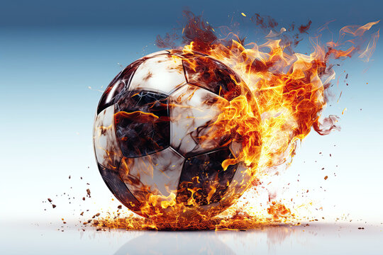 burning football soccer ball on fire is flying on white background. Sport burn element concept