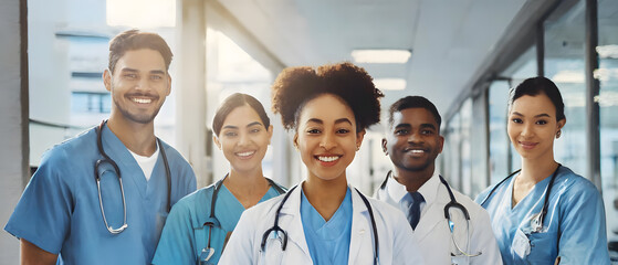 Diverse Healthcare Team Smiling in Hospital Corridor