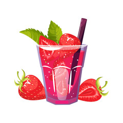 Wall Mural - Strawberry cocktail. Fresh summer cocktail, lemonade with strawberries and mint. Vector illustration.