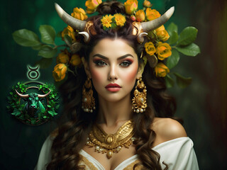 Wall Mural - illustration of zodiac sign taurus woman with flowers and horns like astrology concept