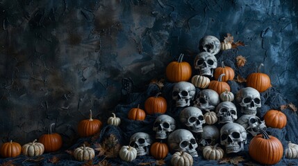 Wall Mural - A chilling Halloween display featuring a variety of carved pumpkins and eerie skulls against a dark, textured background.