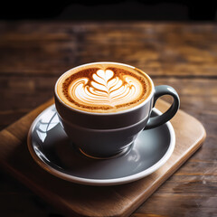 Poster - A close-up of a coffee cup with latte art on a rustic wooden table.