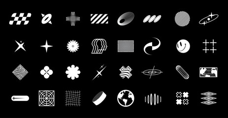 Fototapete - Retro futuristic abstract graphic elements. Y2k elements, Trendy geometric brutalism forms, bling retro elements and abstract brutalism shapes. universal shapes with Burst. Vector set