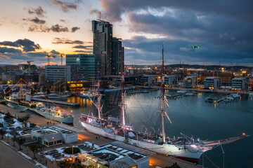 Wall Mural - Amazing aerial cityscape of Gdynia by the Baltic Sea at dusk. Poland