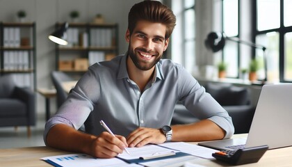 Portrait of a young businessman working with documents and an invoice while seated at a desk in the office and grinning at the camera