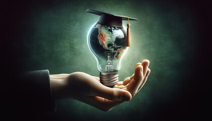Education, light bulb with graduation hat in hand education technology, creative thinking idea human development