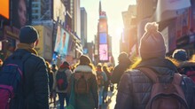 People Walking Through Times Square At Sunset, Experiencing The Hustle Of The City.