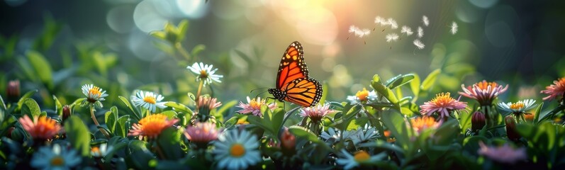 Wall Mural - Butterfly in Spring field of colorful wild flowers, sunny day, wide