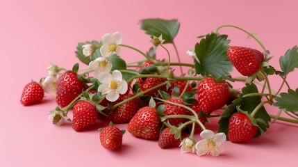 Wall Mural - beautiful fresh ripe wild strawberries on the brunch with white flowers on pink background in studio