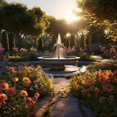 Wall Mural - A peaceful garden with a bubbling fountain.