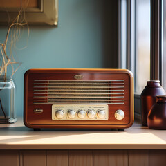 Sticker - A retro radio on a wooden shelf. 