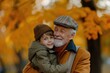 An older man and a child during a special moment in an autumn park. Fictional Character Created By Generated By Generated AI.