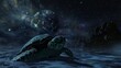 Pluto, the distant and mysterious planet, looms large in the night sky, casting an eerie glow over a close-up view of a sea turtle navigating through murky waters