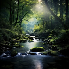 Wall Mural - A tranquil river flowing through a forest.