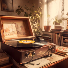 Sticker - A vintage record player spinning vinyl with a cozy room in the background.