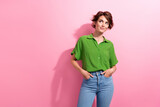 Fototapeta Panele - Photo of funky dreamy young lady wear green shirt looking empty space isolated pink color background
