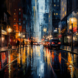 Fototapeta Londyn - Abstract reflections in a rain-soaked city street.