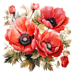 Sticker - Beautiful composition of watercolor poppy flowers isolated