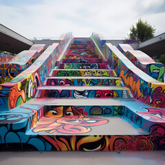 Poster - Graffiti-covered skateboard ramp in a skatepark.