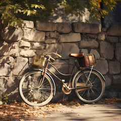 Sticker - Vintage bicycle leaning against a stone wall. 