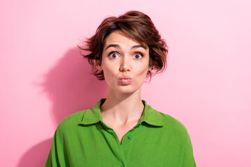 Canvas Print - Photo of excited impressed lady wear green shirt lips pouted sending kiss isolated pink color background