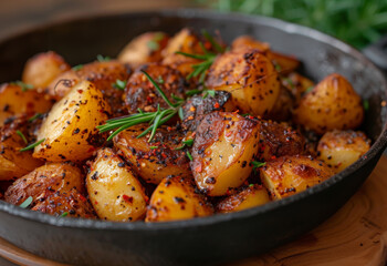 Wall Mural - Roasted potatoes in cast iron skillet. Fried potatoes in a frying pan close-up