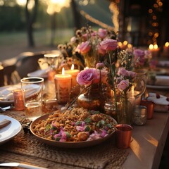 Wall Mural - summer table in nature with snacks, wine and fresh flowers.
Concept: catering for picnics and feasts, organizing weddings and outdoor events.