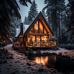 Wall Mural - A cozy cabin in a snowy forest surrounded by pine trees.